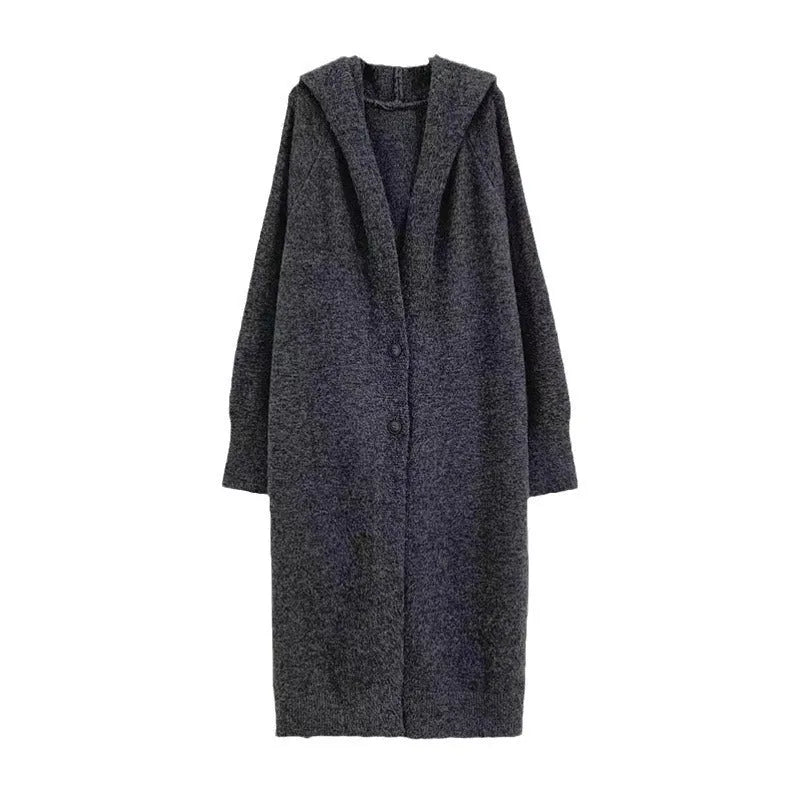 Women's longline knitted hooded cardigan in brown, loose fit Korean casual style.