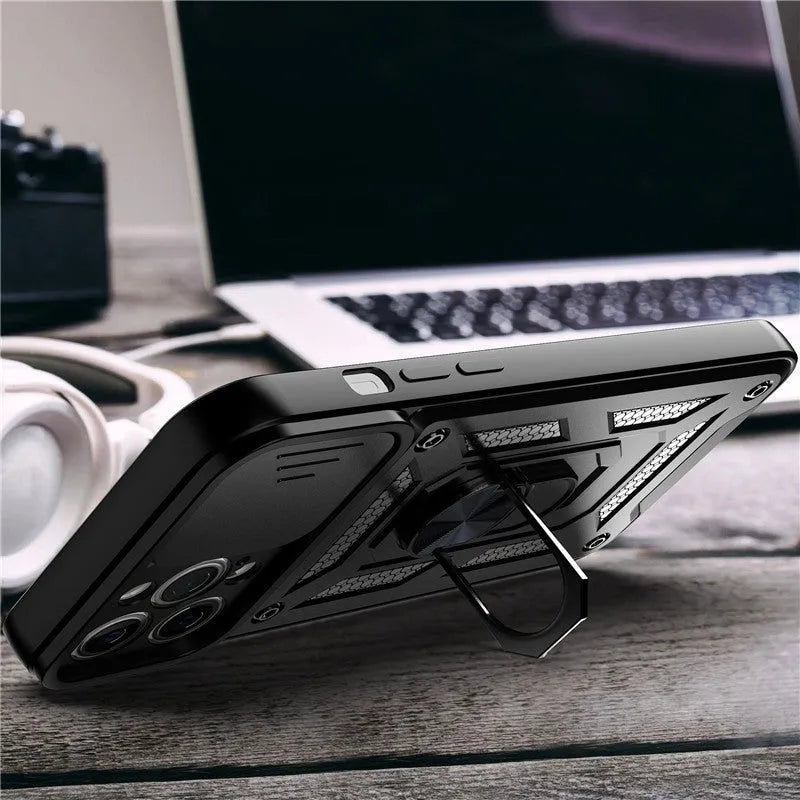Sergeant sliding window magnetic bracket mobile phone case for iPhone in multiple solid colours.