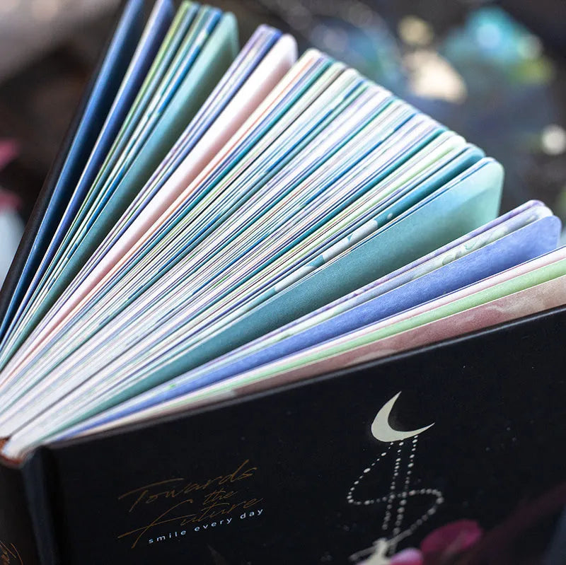 A5 notebook with luminous cover showing colour illustration interior pages and dot grid layout