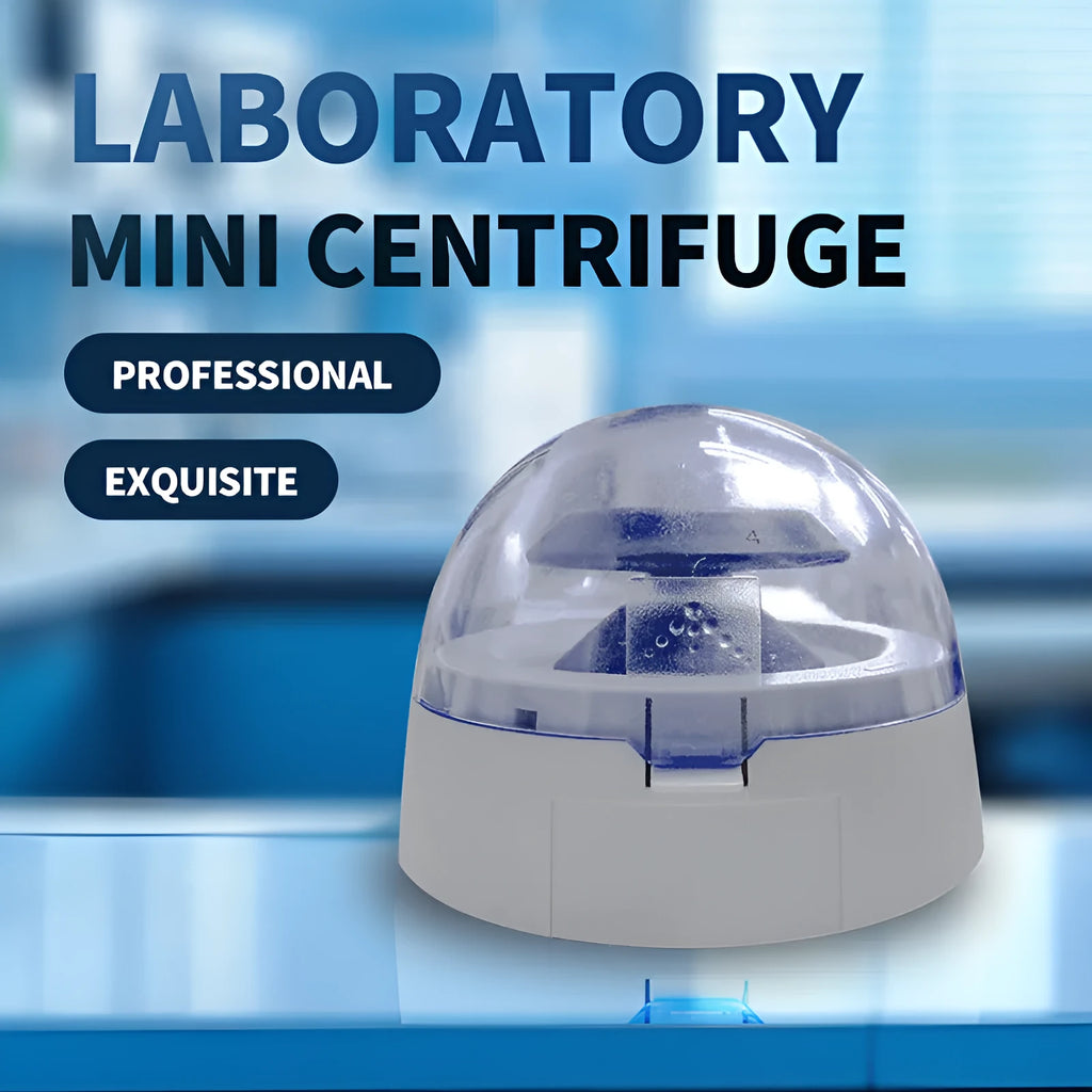 Small white laboratory mini centrifuge unit on a benchtop.