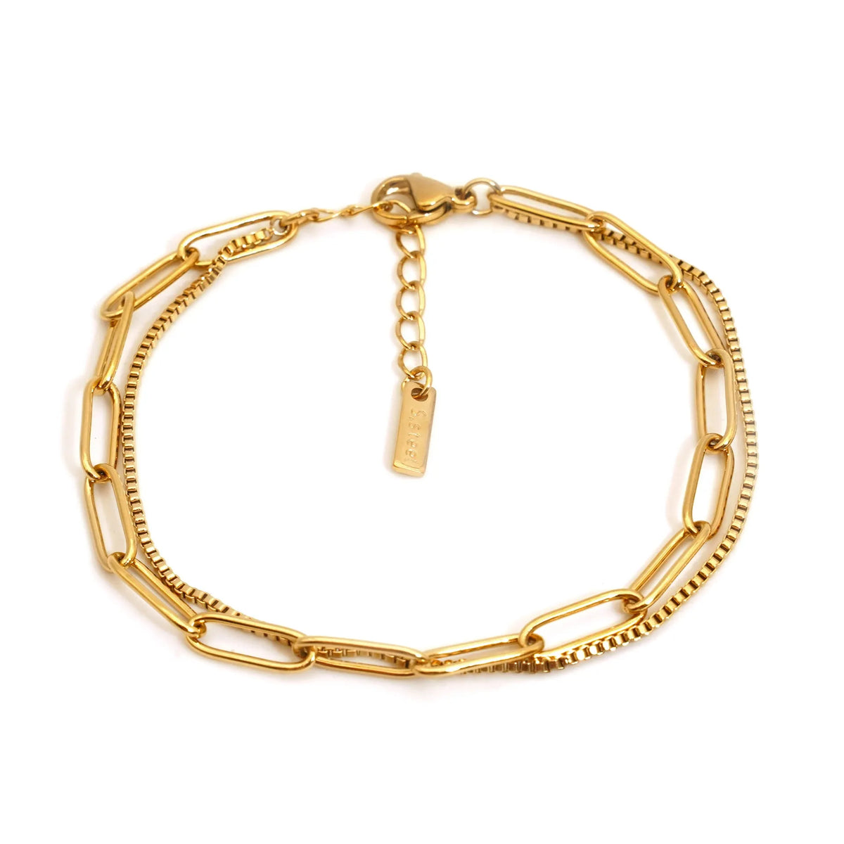 Double layer twin titanium steel women's bracelet with geometric line design in gold or silver finish