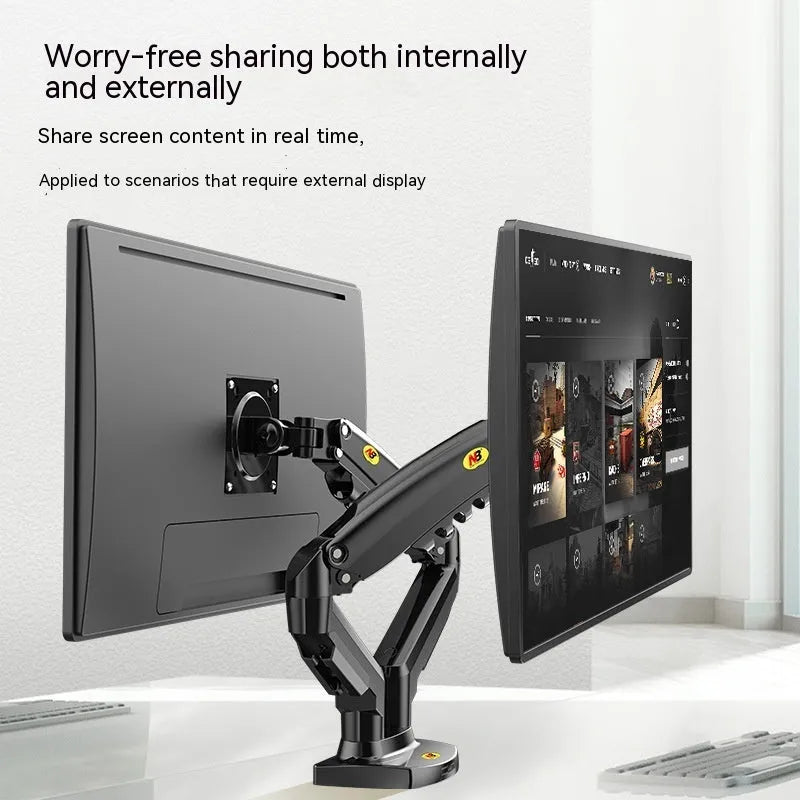 Aluminium dual monitor bracket for VESA 75x75-100x100mm compatible screens.