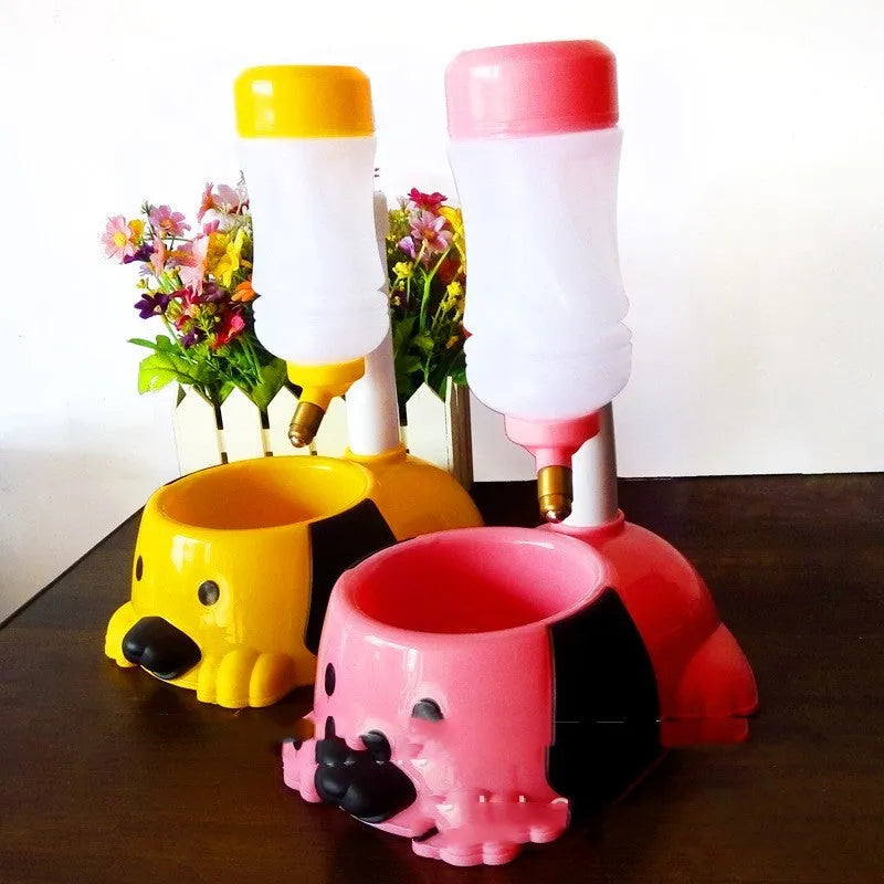 Adjustable height pet drinking bowl with water dispenser in pink, blue, or yellow colour options