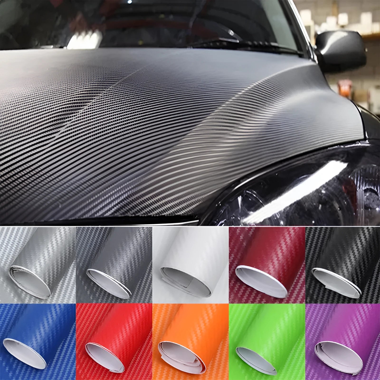 3D carbon fibre car stickers in eight colours including black, silver, blue on 30x127cm sheet