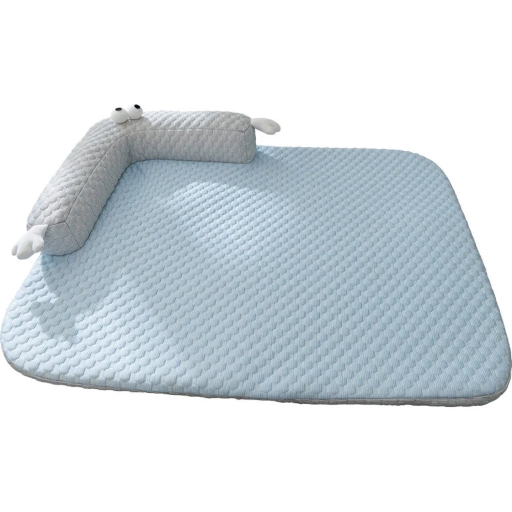 Blue monster design polyester pet bed for dogs and cats on a wooden floor.