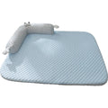 Blue monster design polyester pet bed for dogs and cats on a wooden floor.