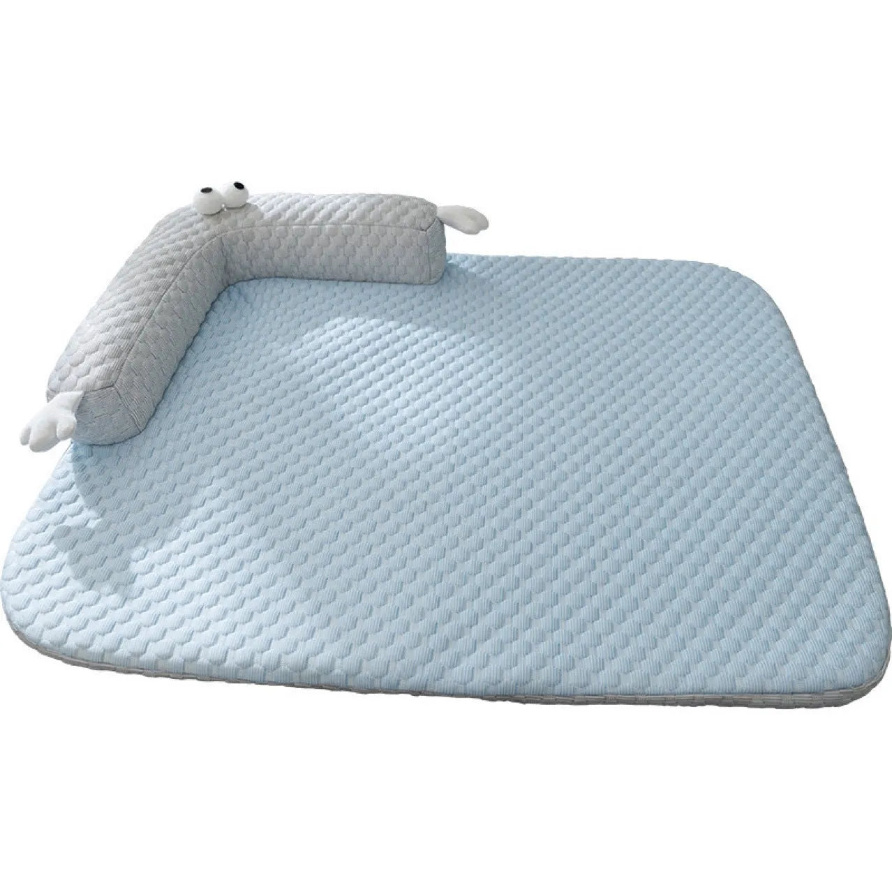 Blue monster design polyester pet bed for dogs and cats on a wooden floor.