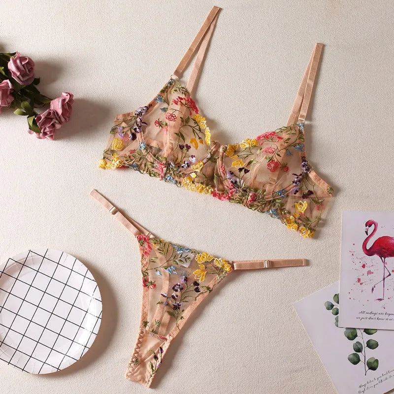 Floral single layer bra with steel ring T-back mesh lingerie set in multiple colours
