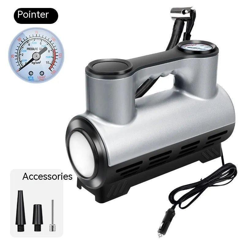 12V portable car air pump with digital display and three air nozzles on black ABS housing