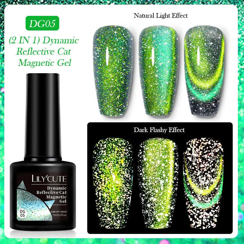 Cat eye series UV gel nail polish bottle with diamond glitter in one of six colour options.