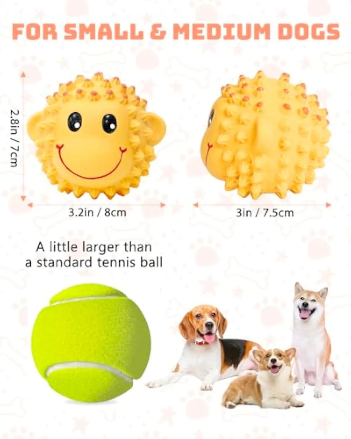 Orange and yellow spiky latex animal dog toys with squeakers for small medium breeds.