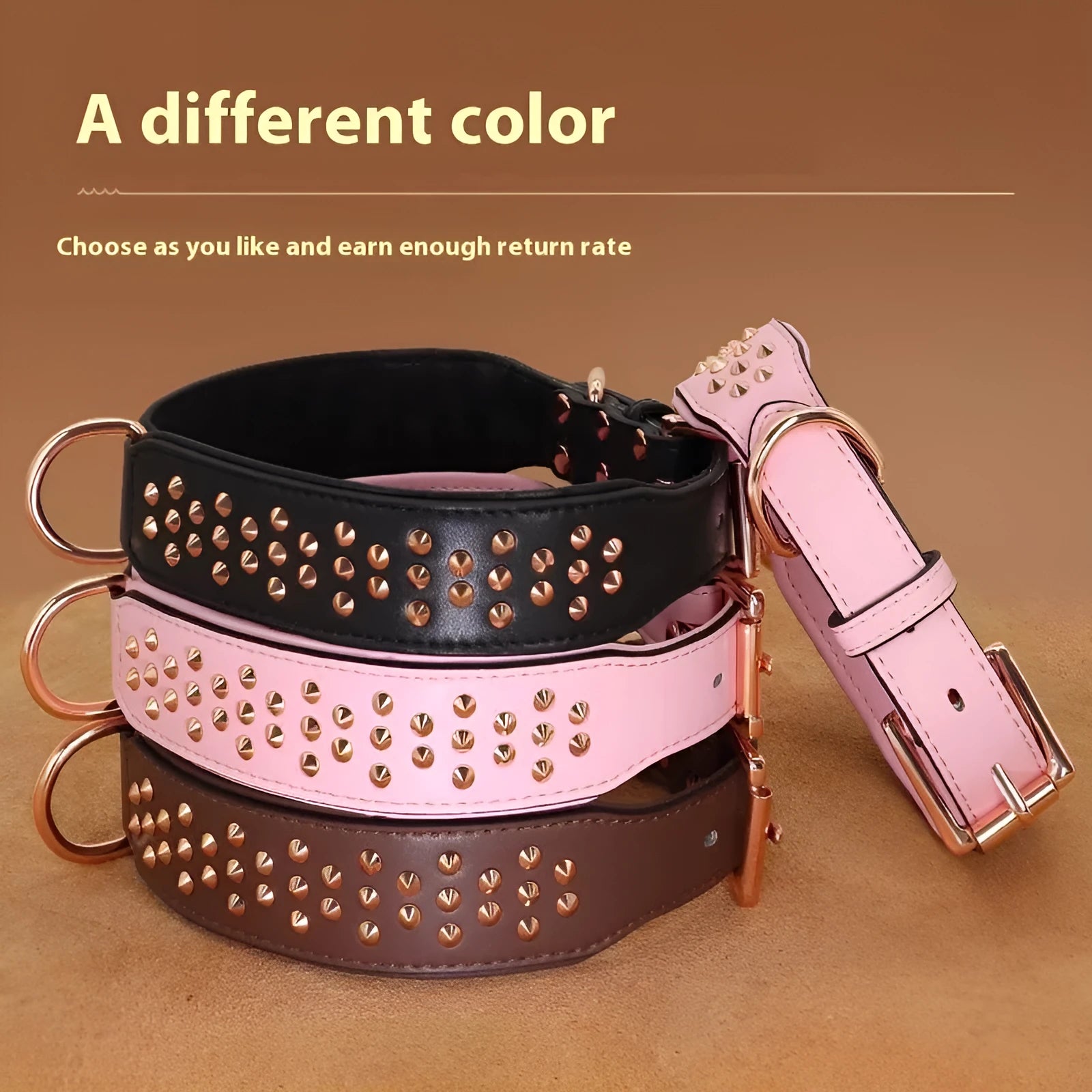Black leather dog collar with metal anti-bite rivets shown on a size L tag.