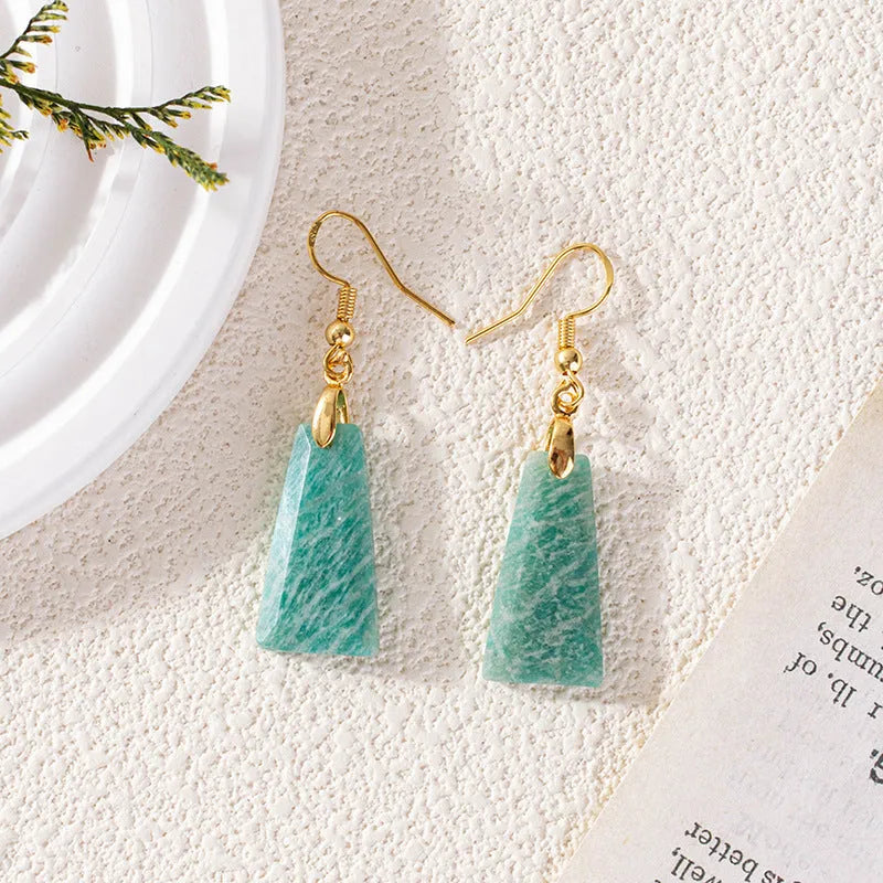 Amazonite rough stone trapezoid earrings with geometric octagon design in gold colour
