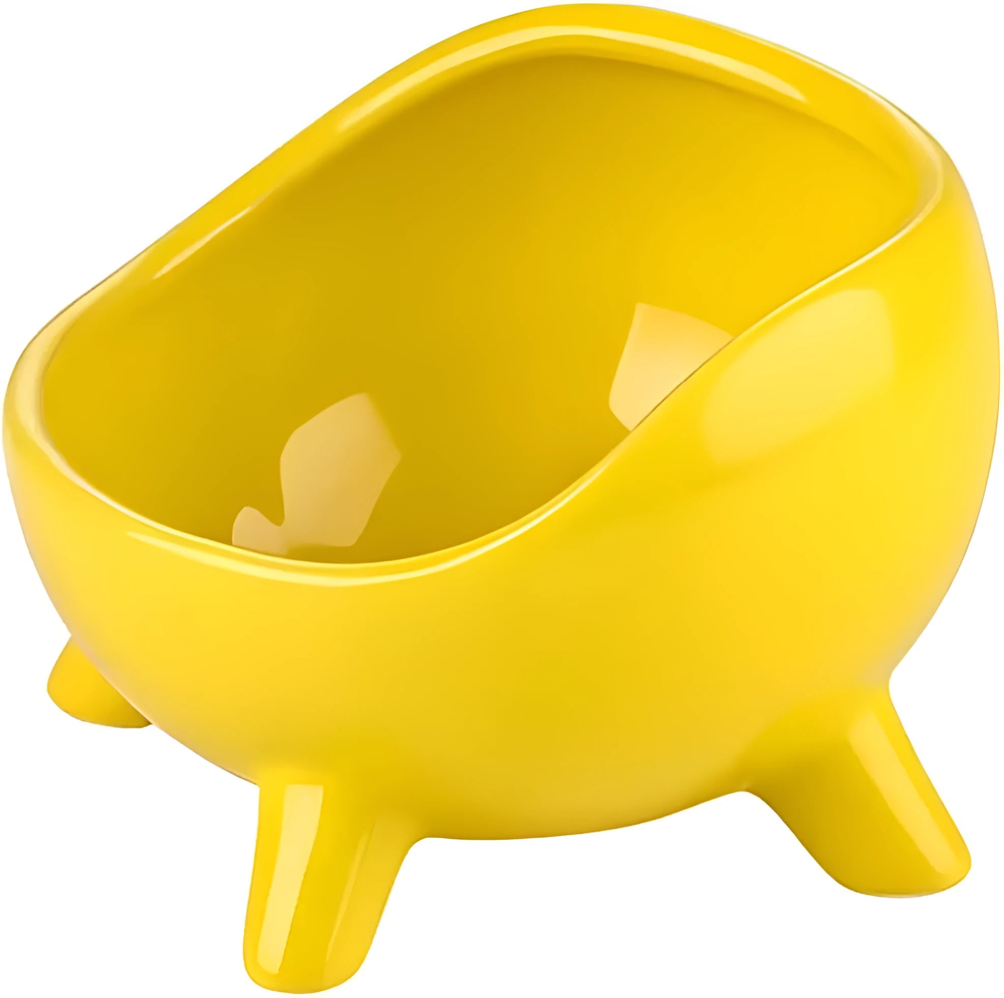 Green ceramic pet food bowl with four legs and a wide, rounded opening.