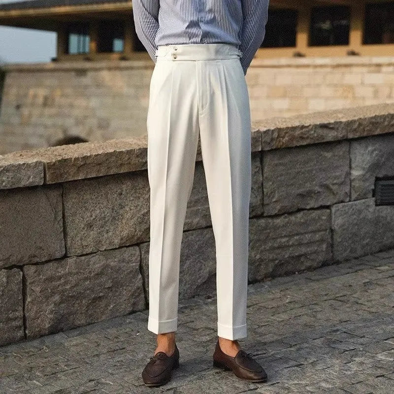 Slim fit straight leg suit trousers in apricot, black, or white for business formal wear.