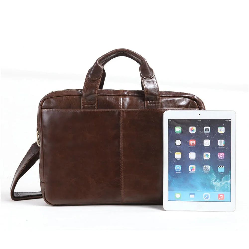 Brown leather men's business briefcase with 18-inch size and visible grain pattern