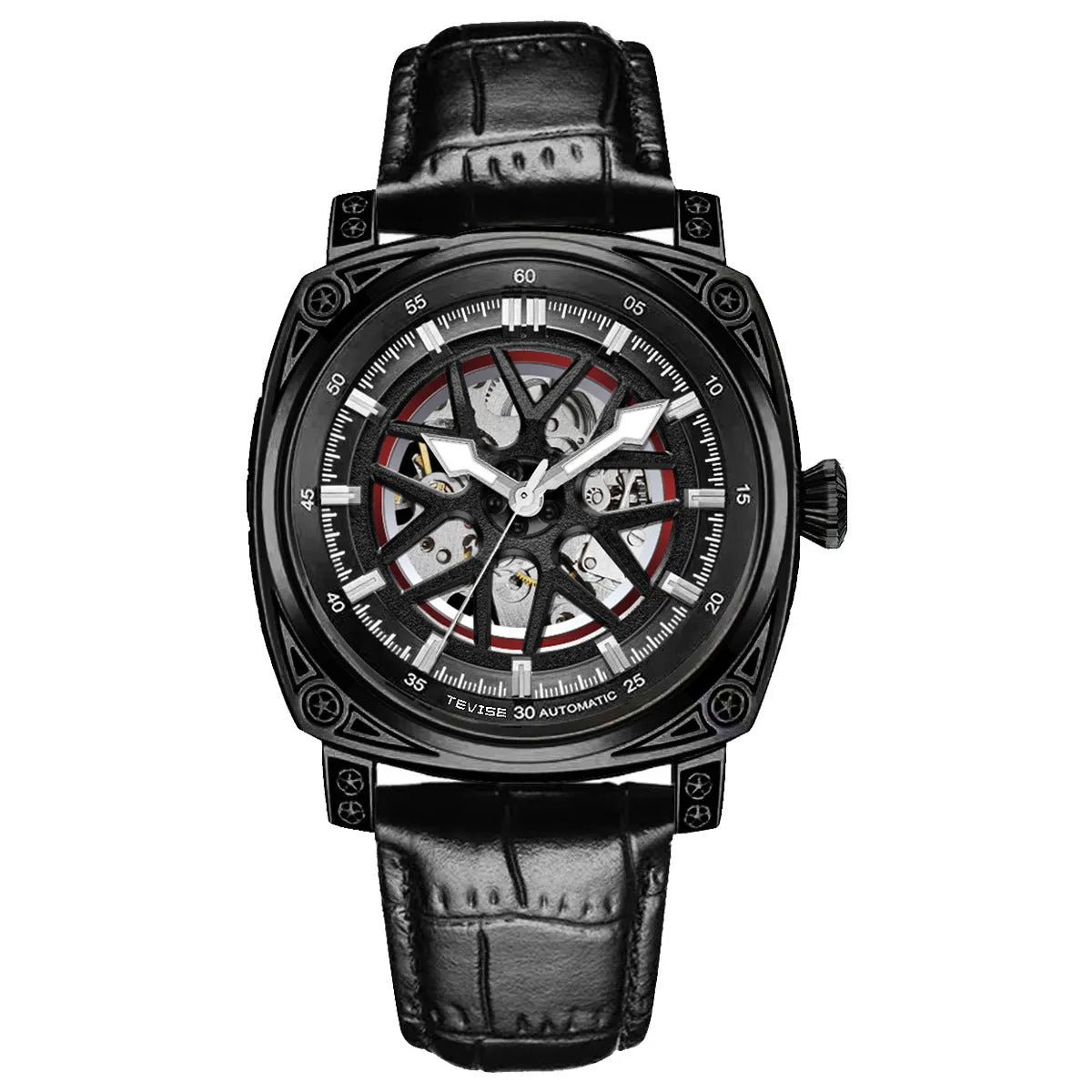 Automatic mechanical men's watch with stainless steel case and leather strap
