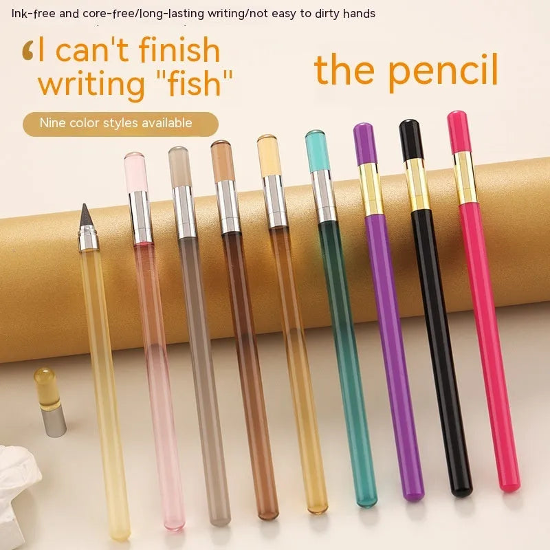 Transparent acrylic mechanical pencil with metal tip on a notepad.