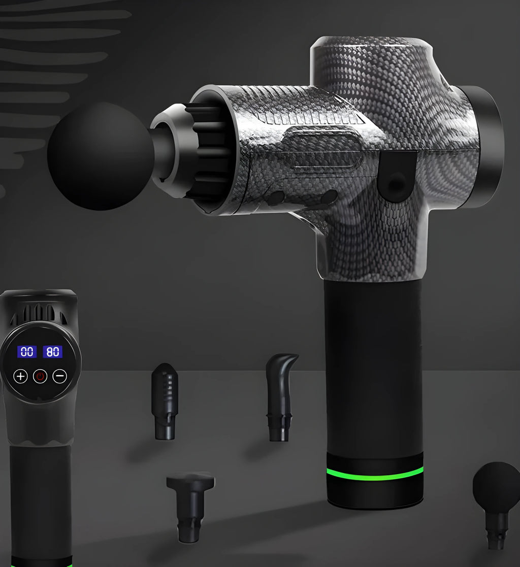 Black electric body massage gun with multiple heads on a grey background.