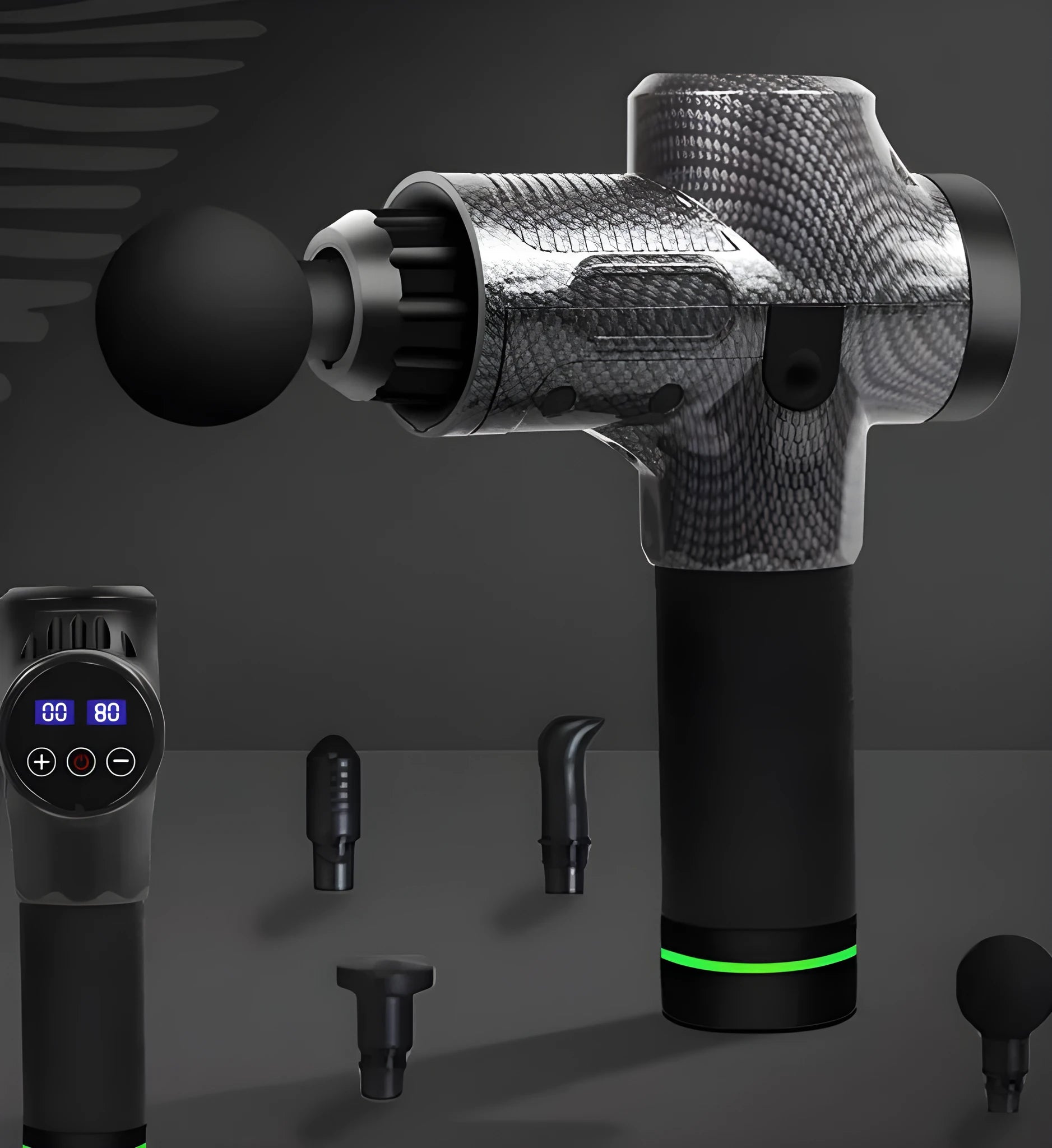 Black electric body massage gun with multiple heads on a grey background.