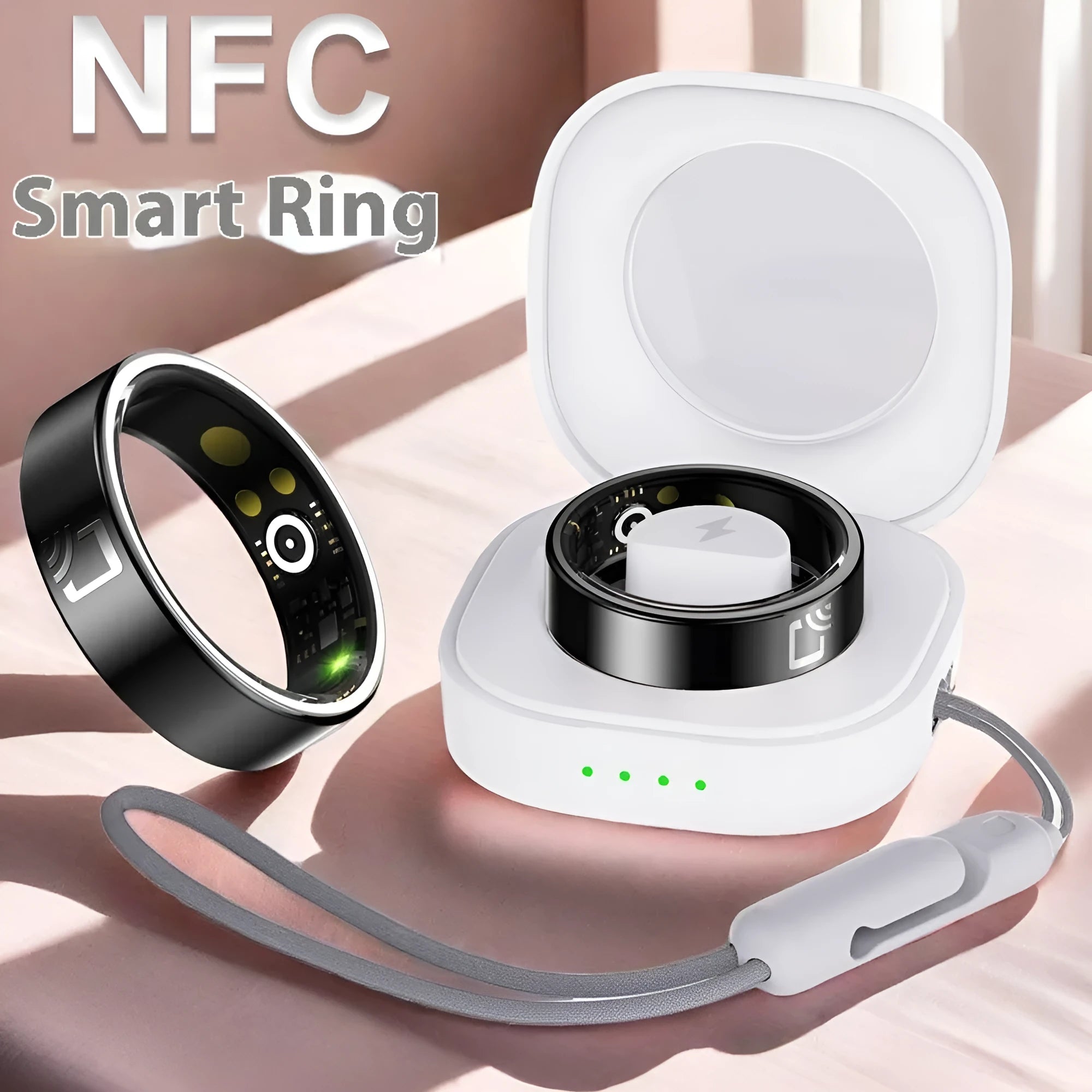 Black ceramic smart ring for health monitoring on a finger, showing charging case.