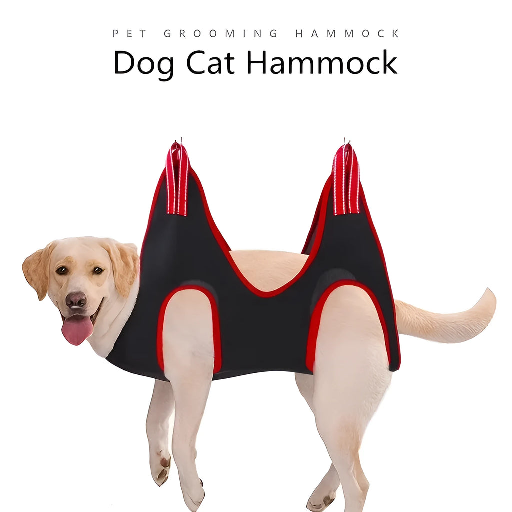 Hanging pet grooming restraint hammock bag in use for dog nail trimming.