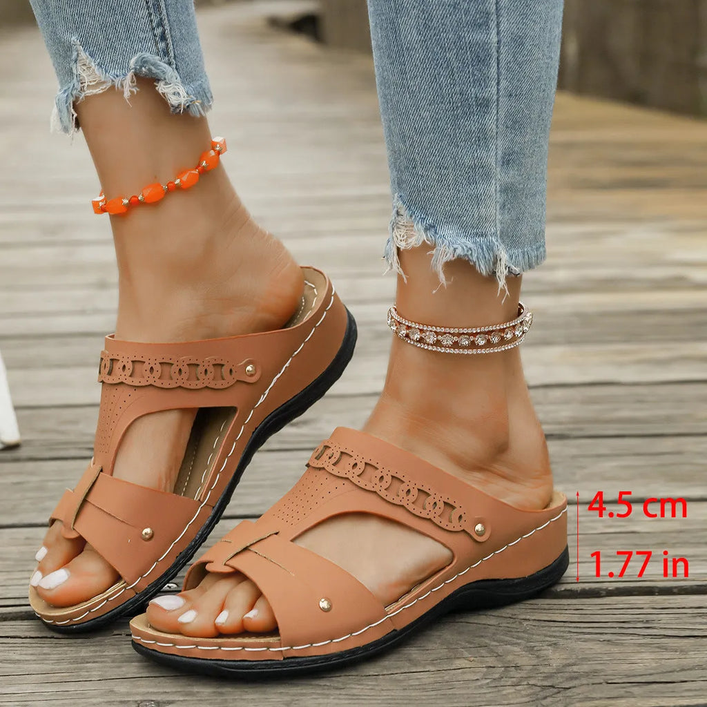 Slope heel Roman style slippers with fish mouth toe holder in multiple colour options