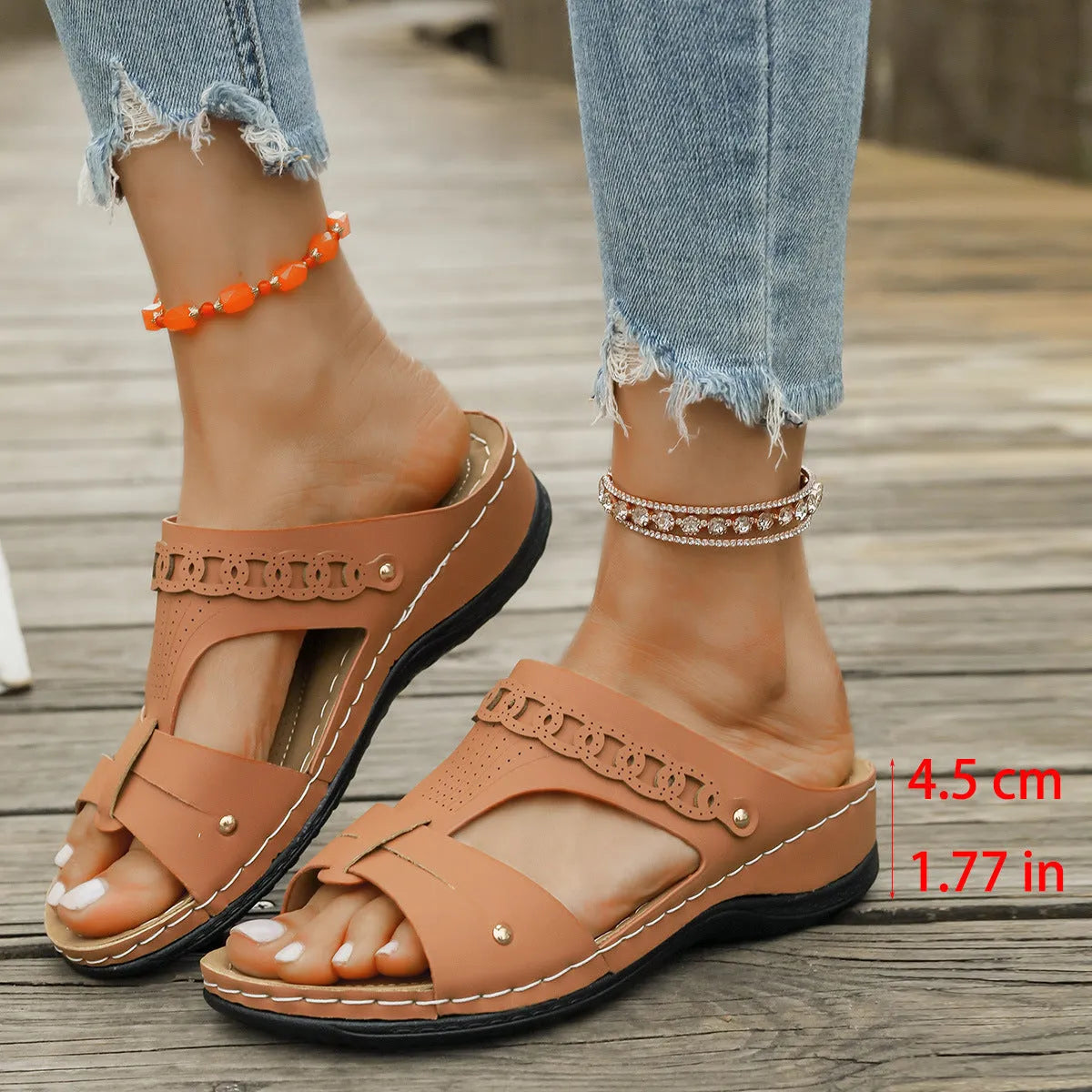 Slope heel Roman style slippers with fish mouth toe holder in multiple colour options