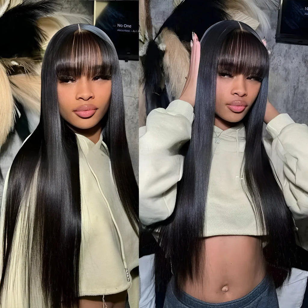 Human hair straight fringe wig with full-mechanism headgear in natural colour