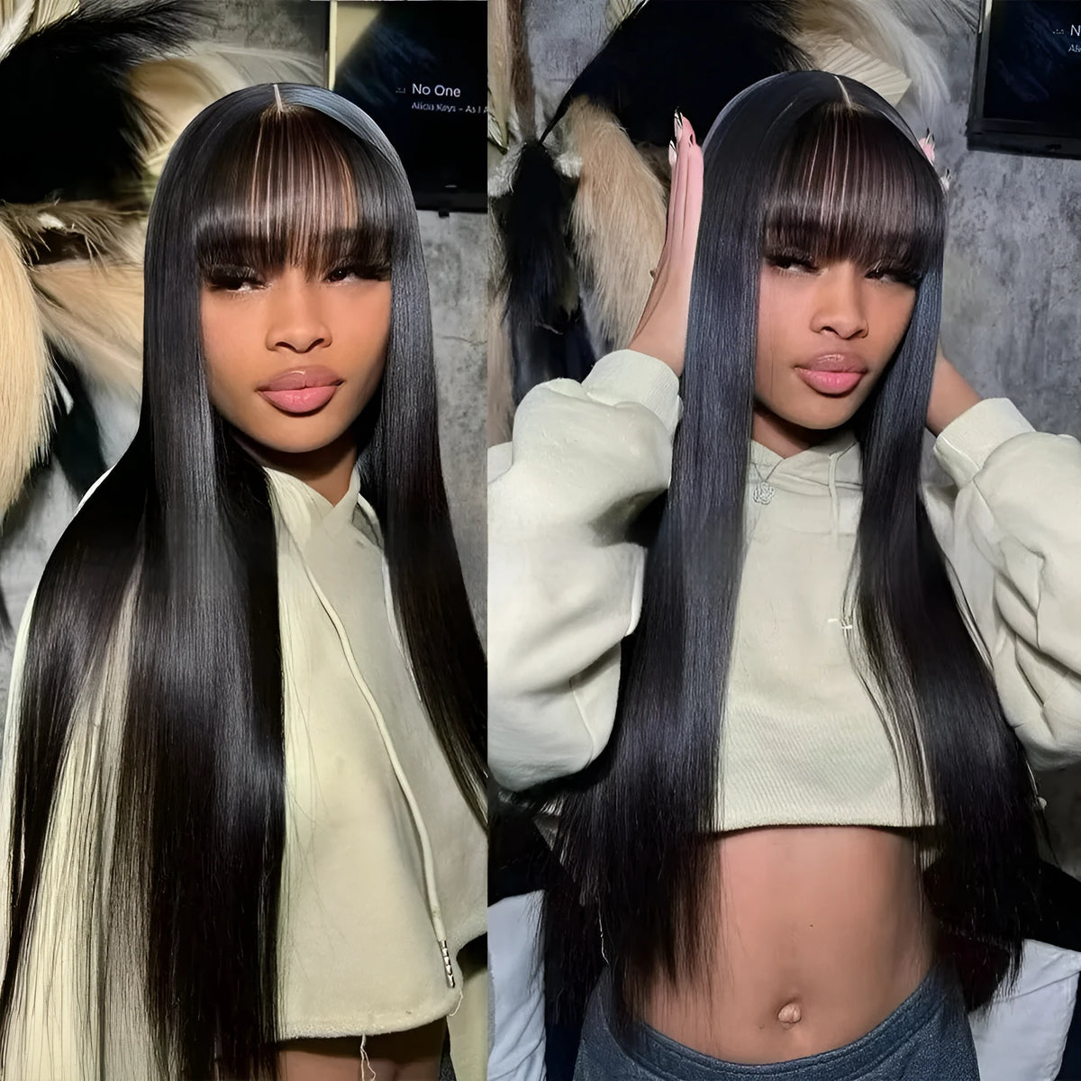 Human hair straight fringe wig with full-mechanism headgear in natural colour