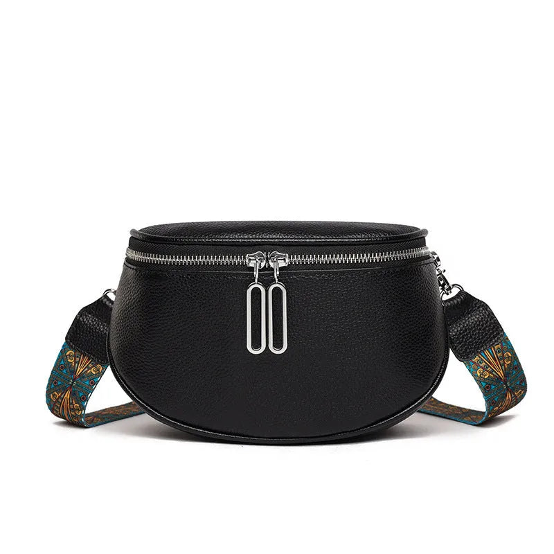 Women's soft PU leather messenger bag in saddle shape with single strap and zipper pocket