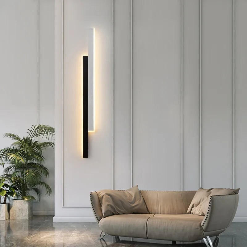 Black and white grid-free pole gate bedside strip wall lamp with acrylic shade and three-colour LED light