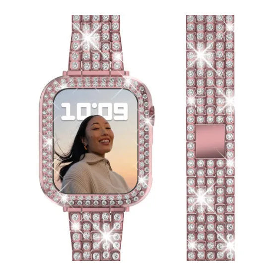 Apple Watch case with double diamond glass privacy screen in rose gold, silver, and black colour options