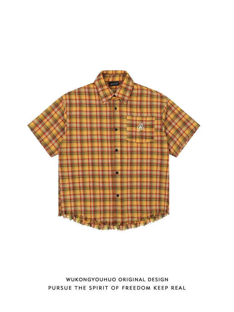 Yellow plaid short-sleeve shirt with embroidery and side pockets, loose fit for men and women
