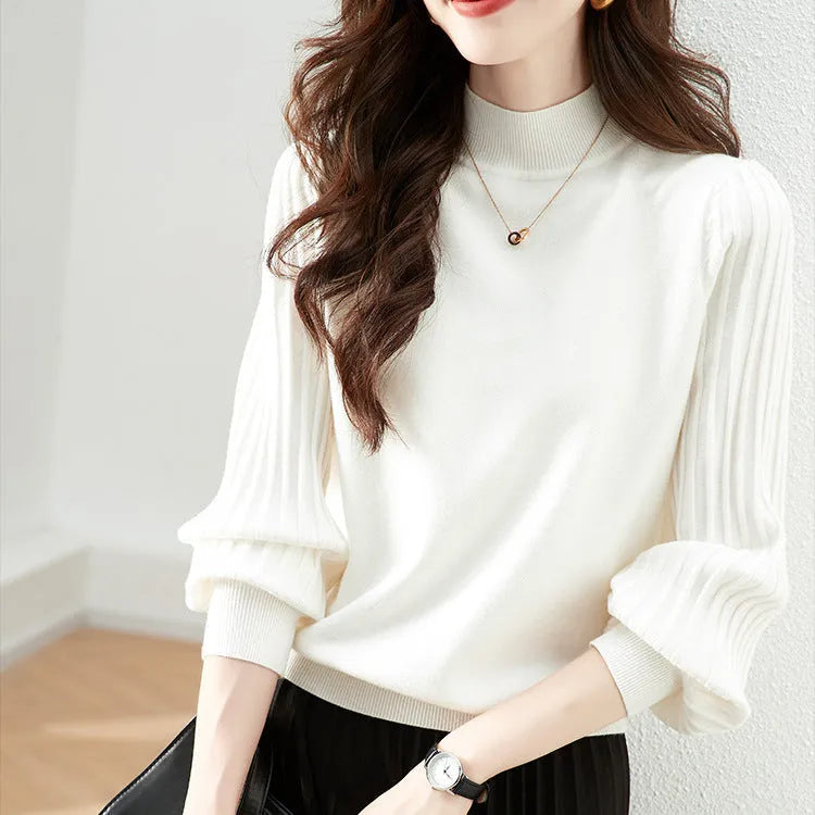 Slimming half turtleneck pullover shirt with sunk stripe design in core-spun fabric