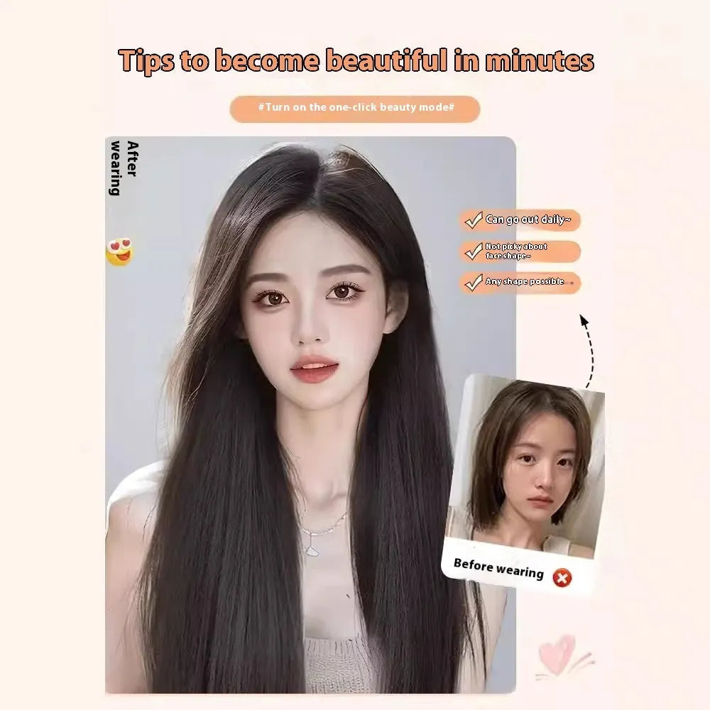 Forehead lace long straight synthetic wig in dark brown with side bangs styling