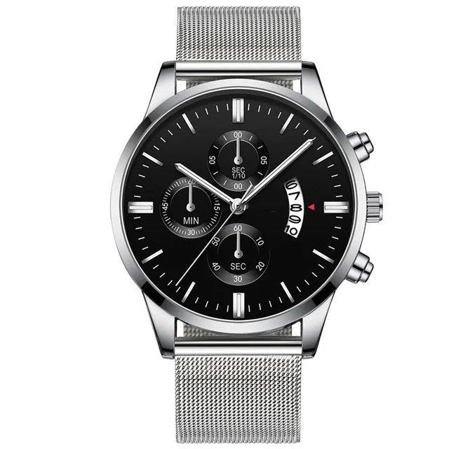 Men's stainless steel mesh band quartz watch with analog display on wrist