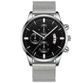 Men's stainless steel mesh band quartz watch with analog display on wrist