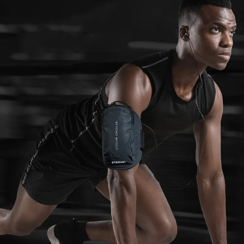 Reflective running arm bag with adjustable strap in fluorescent yellow, black, or silver grey.