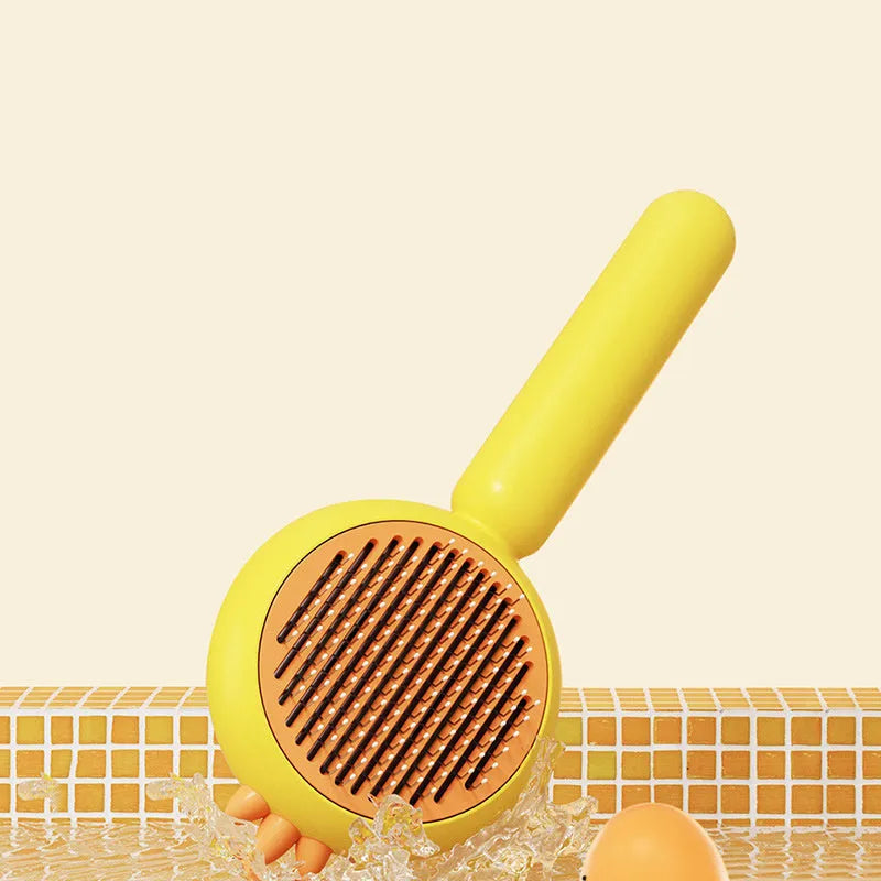 Self-cleaning pet grooming brush with stainless steel bristles in purple, white, or yellow