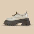White women's platform leather shoes with chunky heel and front lace-up, round toe.