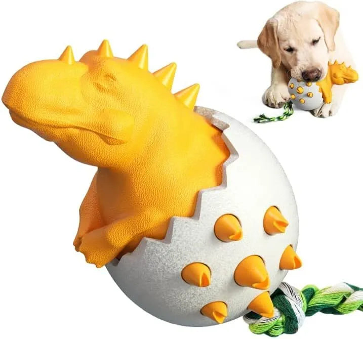 Blue dinosaur-shaped dog chew toy with textured rubber surface and attached nylon rope