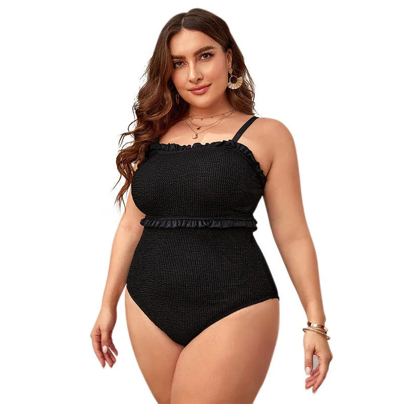 Black plus size one-piece swimsuit with sleeveless briefs design in quick-drying nylon fabric