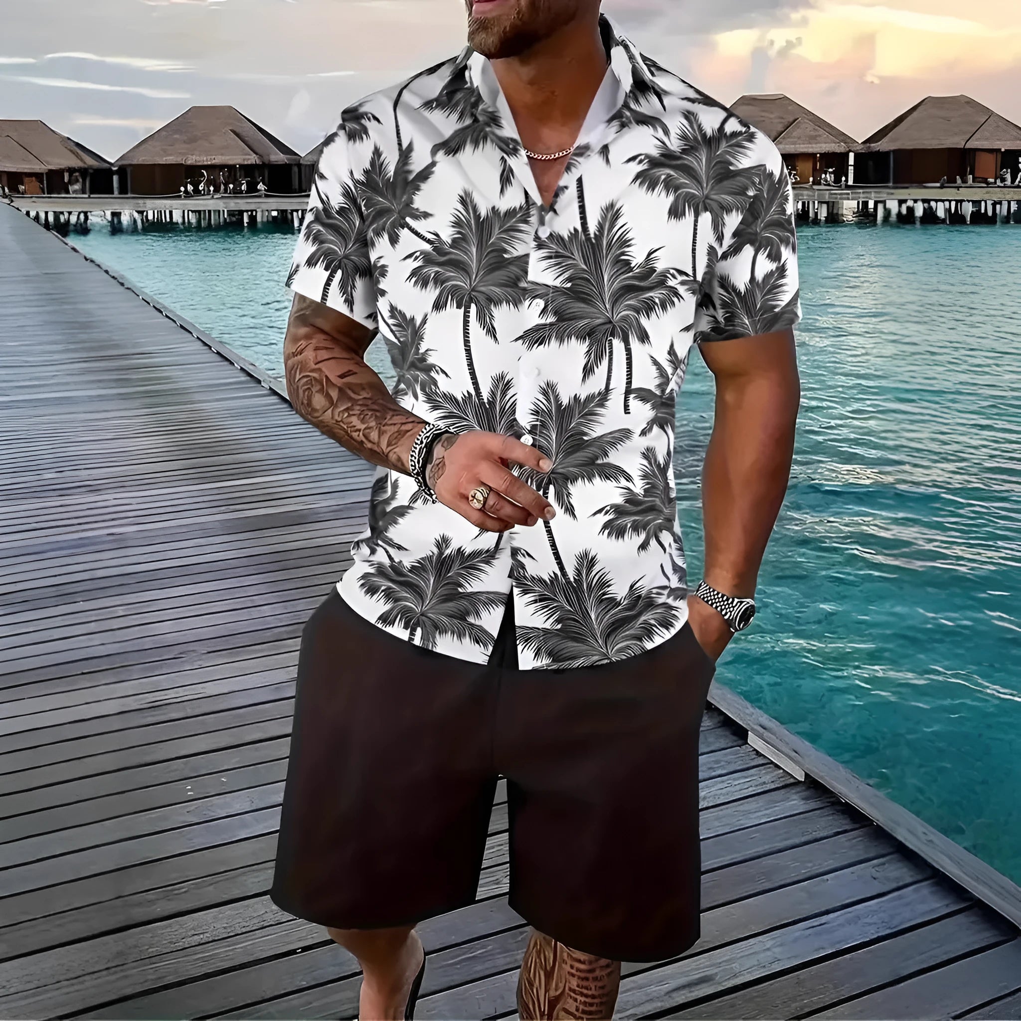 Men's Hawaiian shirt and shorts set with 3D printed tropical pattern design
