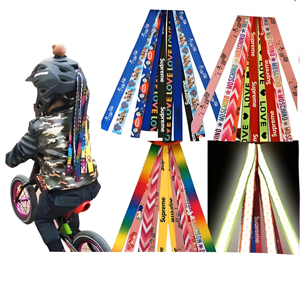 Decorative ribbon streamer for a child's ski or skating helmet in various colour options.