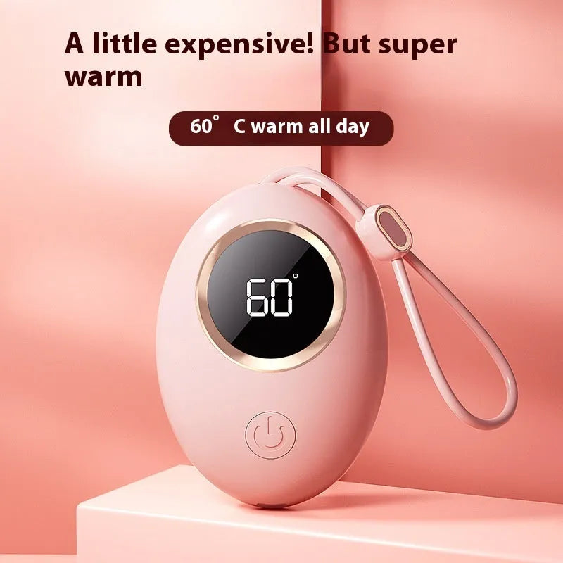 USB digital display hand warmer power bank in pink, showing aluminium heat dissipation design.