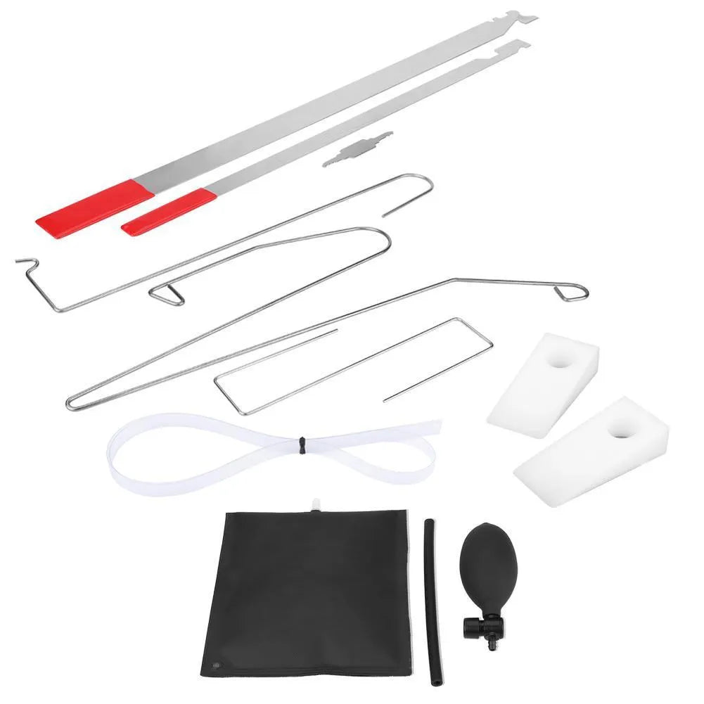 9-piece automotive lockout tool set showing air pump wedge, plastic wedges, hooks, and crowbars