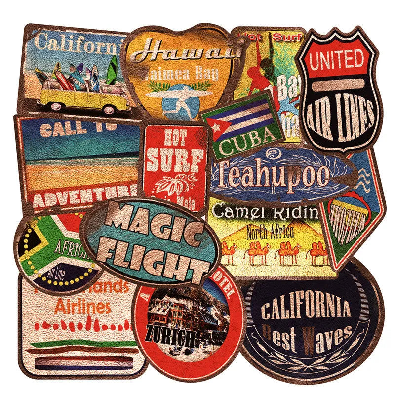 36-piece retro beach sticker pack showing surfing travel designs with PVC matte finish