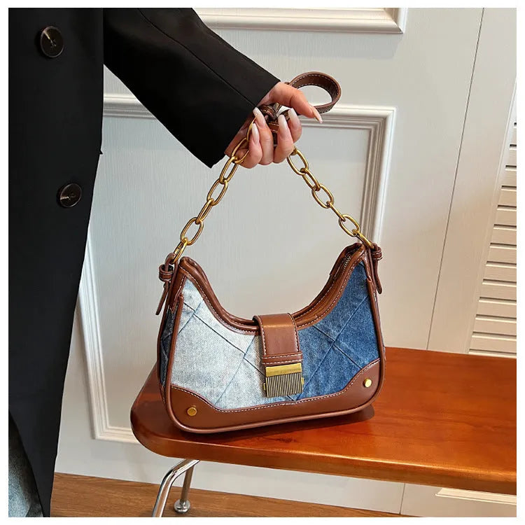 Brown denim women's shoulder bag with diamond chain, bucket design and street trend detailing