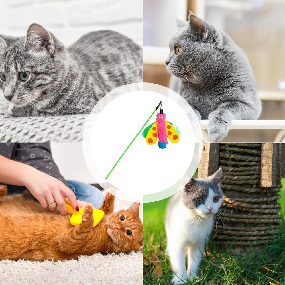 Blue cat wand toy with dragonfly attachment and bell on 49cm stick for interactive indoor play
